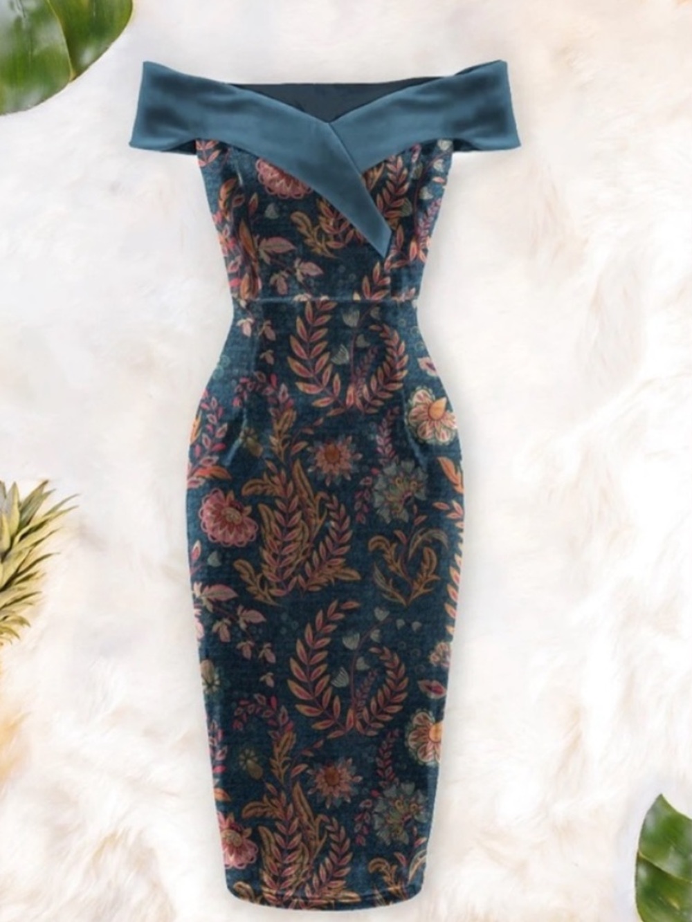 Averie Halley Off Shoulder Velvet Midi Dress in Flowery Print Cobalt Blue Sz L